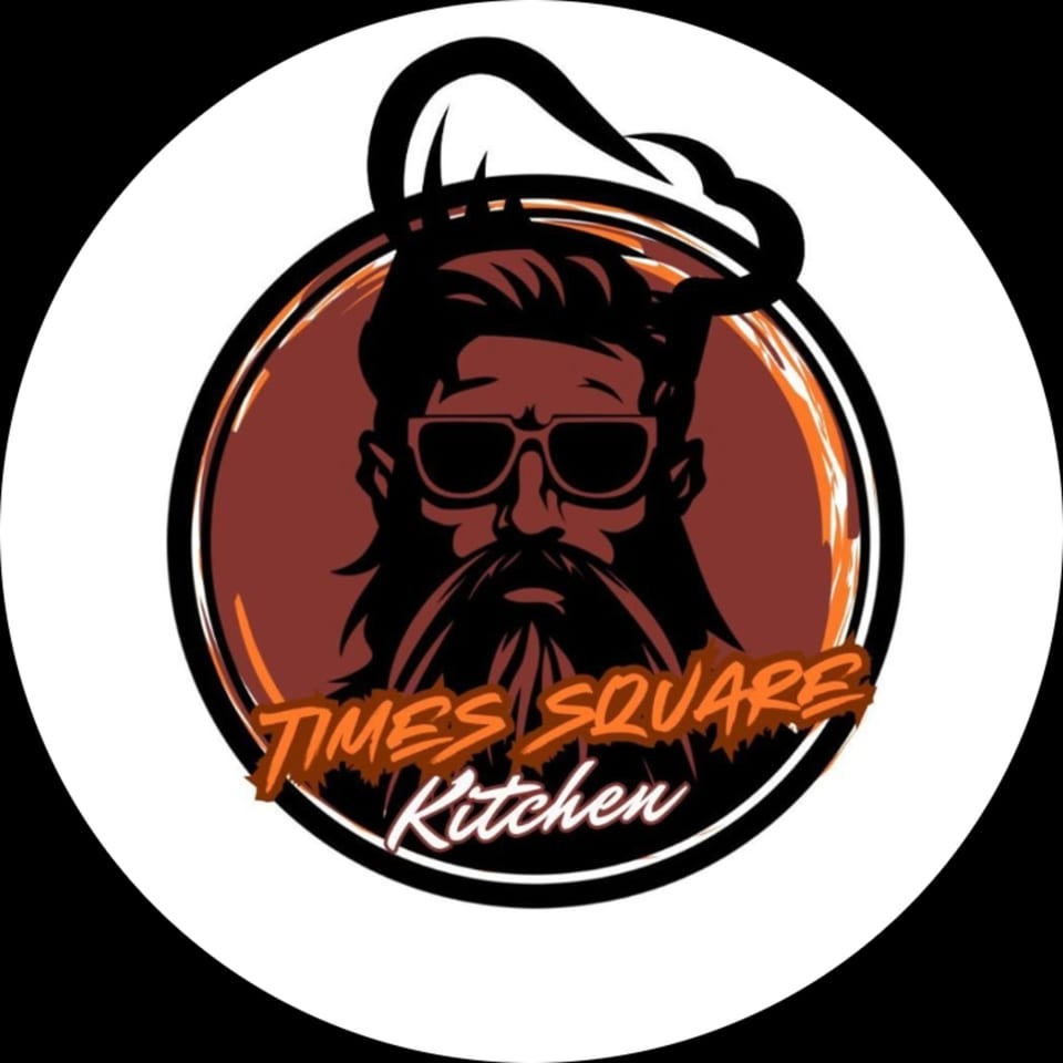 Times Square Kitchen logo featuring a chef with a beard and sunglasses in a circular frame.